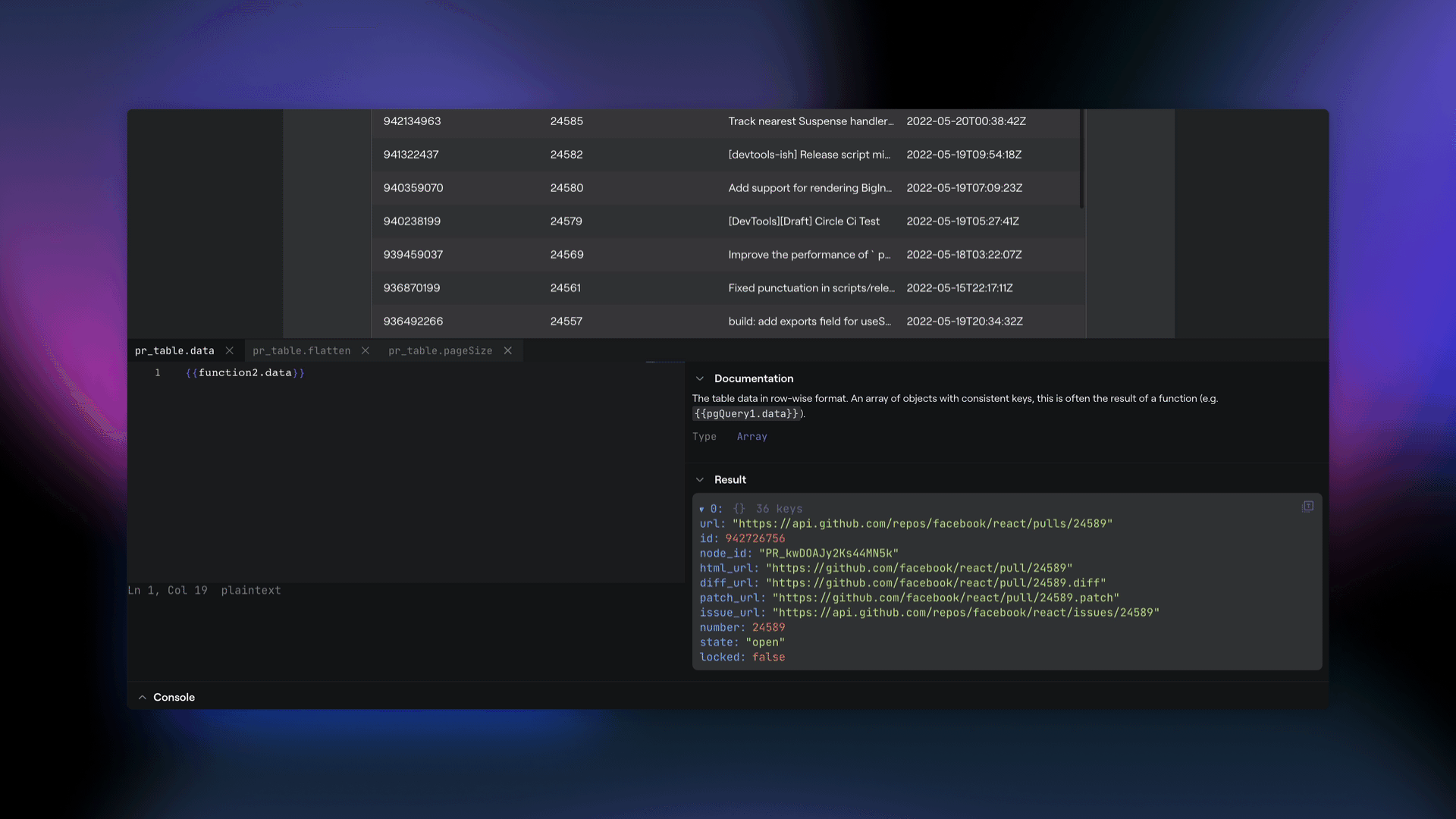 Editing table properties with the docked properties editor.